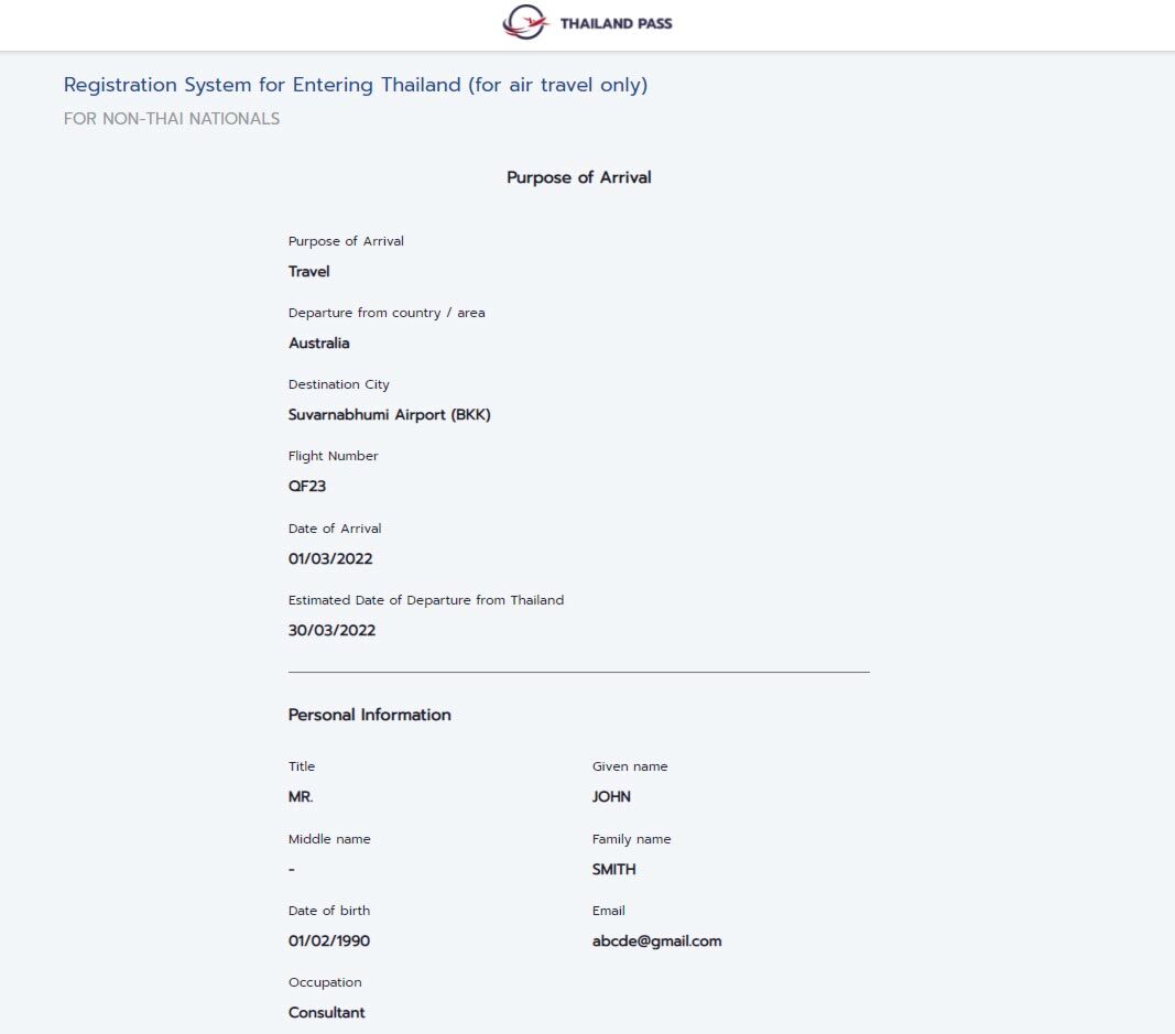 Summary of Thailand Pass Application