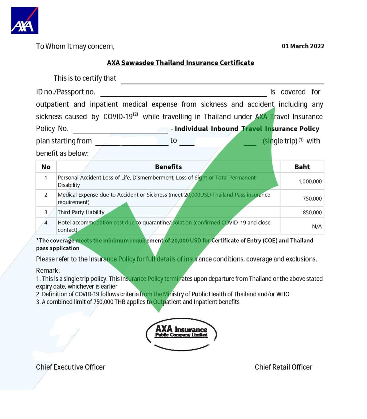 Sample COVID-19 Insurance Certificate